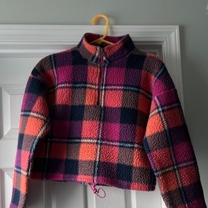 American Eagle Pink Multi Plaid Fleece Cropped 1/4 Zip Size XXS